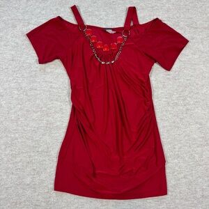 Red Cold-Shoulder Mini Dress with Decorative Chain Detail